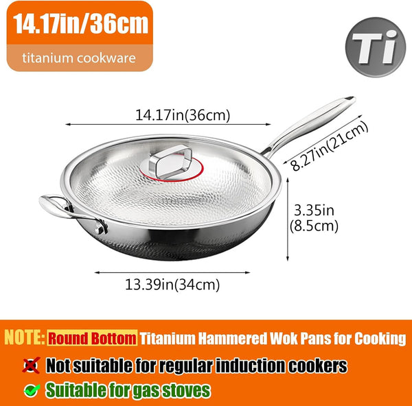 Titanium Hammered Wok, 2026 Upgrade Double-Side Hammered Frying Pans Nonstick, Non-Stick Wok,Durable Scratch-Resistant Non Stick Titanium Pans for Cooking,With Lid,14In2