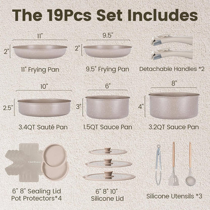 Ceramic Nonstick Pots and Pans Set 19 Piece with Detachable Handle, Induction Dishwasher Oven Safe Cookware Set, RV Kitchen Set Removable Handle, Mocca Taupe2