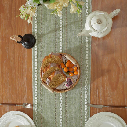 Sage Green Boho Cotton Linen Table Runner, Farmhouse Woven Table Runners Spring Holiday Kitchen Dining Table Decoration for Home Party Decor 13 X 483