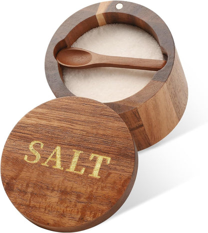 Salt Cellar, Acacia Wood Salt Container with Built-In Spoon & Swivel Lid, Engraved SALT Box, Salt Holder Bowl for Countertop Seasoning Storage1