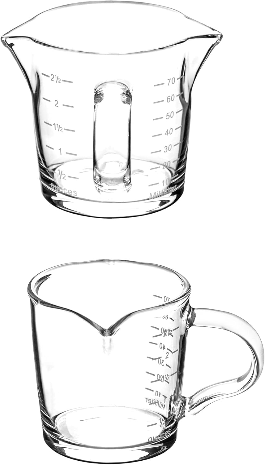 espresso-shot-glass-with-handle-2-pack-3-ounce-double-spout-glass-measuring-cup-triple-pitcher-milk-cup-with-two-scales-oz-ml