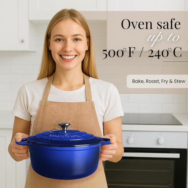 Enamelled Cast Iron Dutch Oven Pot with Lid-6.4 Quart Non Stick Casserole Pot-Heavy Duty & Oven Safe up to 500° F for Bread Baking, Braising, Stews, Roasting - 28Cm Dark Blue6