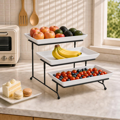 3 Tier Serving Trays, White Porcelain Serving Platters, 12 Inch | Tiered Serving Stand for Party, Fruit Tray, Trays for Serving Food, Dessert Stand with Collapsible Sturdier Metal Rack5