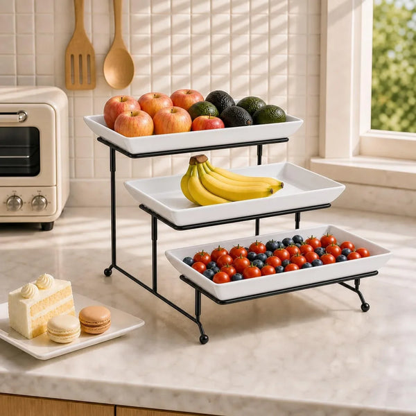 3 Tier Serving Trays, White Porcelain Serving Platters, 12 Inch | Tiered Serving Stand for Party, Fruit Tray, Trays for Serving Food, Dessert Stand with Collapsible Sturdier Metal Rack5