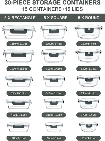 30 Piece Extra Large Glass Food Storage Containers with Lids,Gray3
