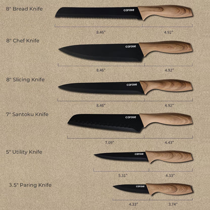 12-Piece Knife Set, Knives with Wood-Grain Finish Handles, Black | 6 Blade Guards, Stainless Steel Blade, Ceramic Nonstick Coating, Long-Lasting Sharpness, Rust-Resistant, Kitchen, Camping, RV2