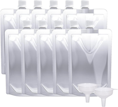 Plastic Pouches - Leak-Proof, Reusable, Flexible Juice Bags, Bpa-Free for Travel, Outdoor Sports, Concerts, Events (8OZ - 10PCS + 2 Funnels)1