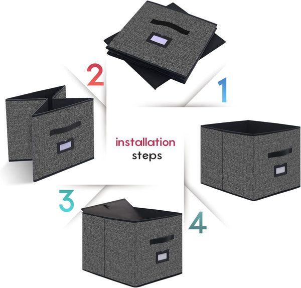 Extra Large Foldable Cloth Storage Cubes 4 Pack with Label Holders - Fabric Storage Bins Baskets Organizers for Home Office Nursery with Handles, 13 L X 15 W X 13 H Inch, Black, MXABXL04PLP6