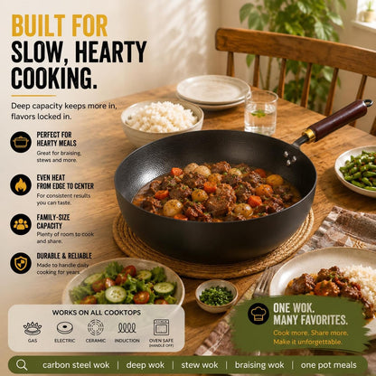 10” Carbon Steel Wok, Hand-Hammered Texture, Pre-Seasoned | Deep Sides Provide Room for Stir-Frying, Simmering, Braising, and Deep-Frying; Flat Bottom Stays Stable on All Cooktops.8
