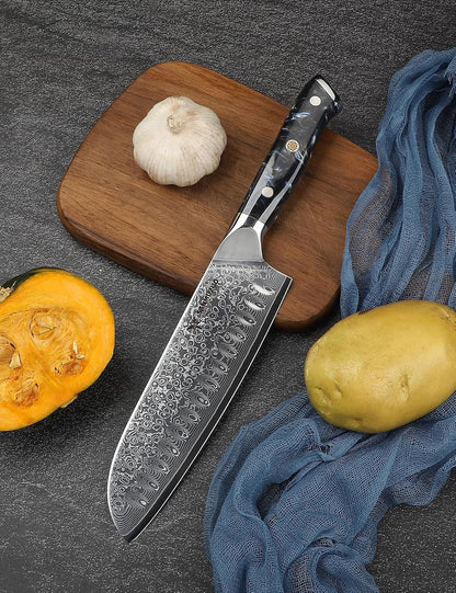 Santoku Knife - 7 Inch - Xuan Series - VG10 Damascus Steel Kitchen Knife - Resin Handle (Starry Black)5