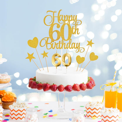 60Th Birthday Cake Toppers, 60Th Birthday Candles Numeral Candles and Glitter Cake Decorations Toppers Set for Party Supplies (Gold)3