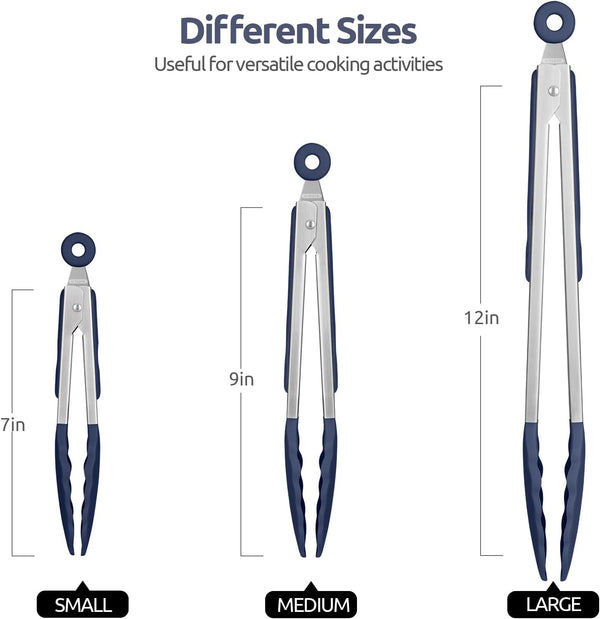 Kitchen Tongs for Cooking, 600ºf Heat-Resistant, 3Pcs/Midnight Blue2