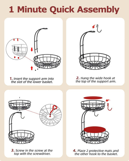 2 Tier Modern Fruit Basket for Kitchen Counter with 2 Banana Hook | Space-Saving Vertical Storage for Veggies, Bread, Snacks, Fits under Cabinets, Includes Protective Mats to Prevent Bruising8