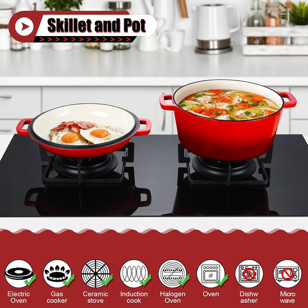2 in 1 Red Dutch Oven Pot with Lid for Bread Baking, 5Qt | Cast Iron Bread Dutch Oven, Skillet & Pot for Roasting Braising Stewing Frying Simmering, Multi Stoves & Oven Safe3