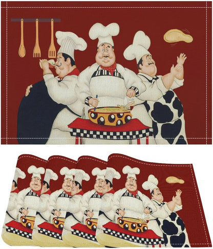 Chef Placemats Set of 4，Three Chefs Heat Resistant Non-Slip Artwork Dining Placemats Washable Table Mats for Home Kitchen (18" L X 12" W)2
