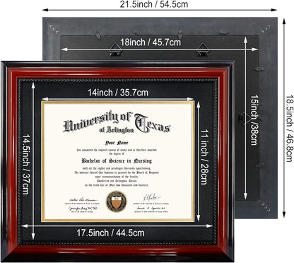 11X14 Diploma Degree Frame with Mat or Display 15X18 Certificates without Mat,Solid Wood,Cherry Finish with Intricate Black Rope Detail,Uv Protection Acrylic3