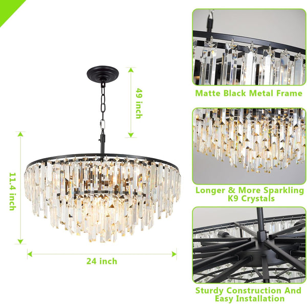 Black Modern round Top K9 Crystal Chandelier Lighting Fixture, 8 Lights round K9 Crystal Adjustable Hanging Lamp for Dining Room Bedroom Living Room,Hallway,Bar,Kitchen W24'8