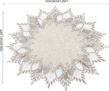 Natural Linen Doily 15" round Beige Lace Small Coffee Table Topper7