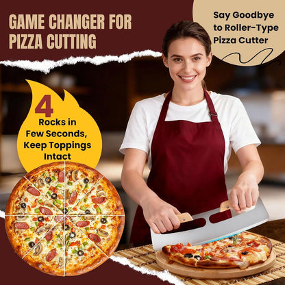 Pizza Cutter Rocker Blade with Wooden Handle, Premium 14Inch Pizza Knife Rocker Cutter with Sharp Stainless Steel Blade and Protective Cover, Slicing through Crust in One Single Rocking Motion2
