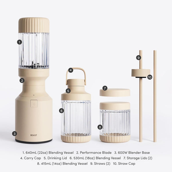 Beast Mini Blender Plus, Countertop Blender, Sand, 600W | Blend Smoothies, Shakes, Dressings, Sauces & Dips, Extra Tritan Vessels, Straw Cap & Straws Included8