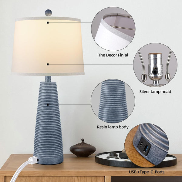 Nightstand Lamp Bedside Lamps Set of 2 Vintage Rustic Farmhouse Table Lamp 3 Way Dimmable Horizontal Stripe Light,Suitable for Living Room Bedroom,With Linen Shade LED Bulb,Usb A+C Port6