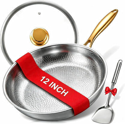 12" Titanium Pans for Cooking | Food-Grade Pure Titanium Frying Pan Pro with Lid & Spatula | PFAS/PFOA/PTFE Free Nonstick Cookware | Dishwasher & Oven Safe, Kitchen Induction Compatible1