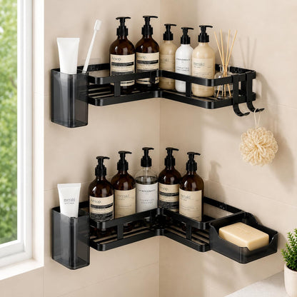2-Pack Corner Shower Caddy for 90° Corners, L-Shaped Adhesive Shower Organizer with Rustproof Stainless Steel Shower Shelves, No-Drill Bathroom Organizers and Storage, Black.1