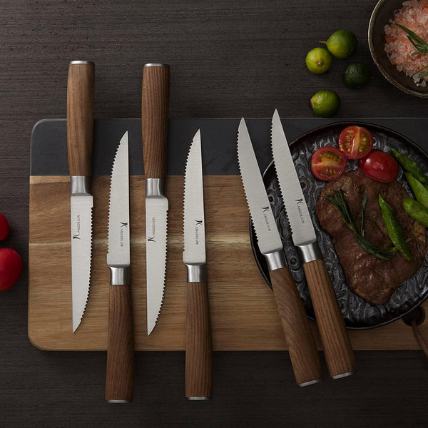 Ultra Sharp 6-Piece Steak Knife Set, 4.5" Serrated Blades, 50Cr15Mov High-Carbon Stainless Steel, Torrefied Brown Ash Wood Handles, Magnetic Gift Box4