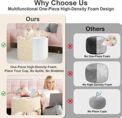round Pouf Ottoman Foot Rest, Footstool, 17 X 14 Inch, Beige | High-Density One-Piece Foam, Firm & Stable, for Couch, Bedroom, Living Room, Mechine Washable Cover3