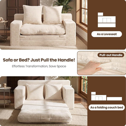 Boneless Couch, 4-In-1 Convertible Sofa Bed, Boneless Loveseat Sleeper, Pull Out Couch with Removable Top Cushion, Pull Handle & Side Pocket, Corduroy Futon for Bedroom, Living Room & Small Spaces4