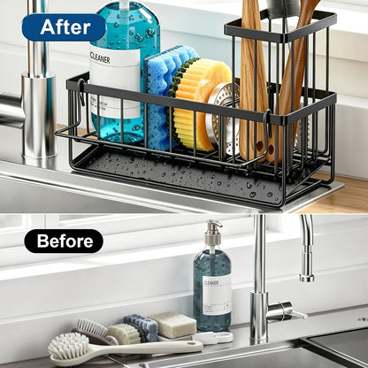 Sponge Holder for Kitchen Sink, Kitchen Sink Caddy, Kitchen Sink Sponge Holder, Dish Sponge Holder, Kitchen Sink Organizer for Sponge, Dish Brush, Scrubber(9.65" X 3.74" X 6.3", Black)5