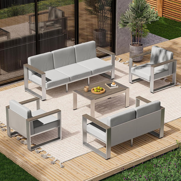 Aluminum Outdoor Patio Furniture Set, 7 Seats Outdoor Patio Conversation Sets with Ergonomic Seat and Wide Washable Thick Cushions, Modern Patio Sectional Furniture for Balcony, Porch (Gray)1