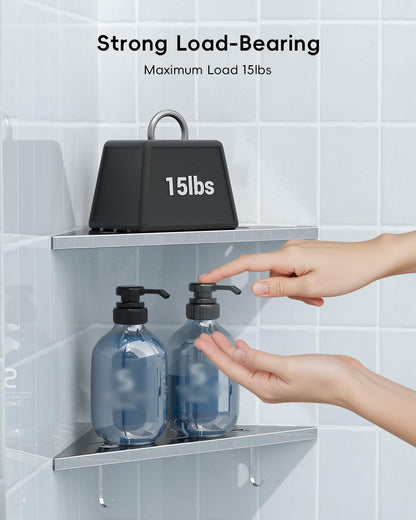 2 Pack Corner Shower Shelves 10", Chrome 304 Stainless Steel Recessed Bathroom Shelf with Razor Holding Hole and 2 Hools, for Tiled Wall No Drilling Needed6