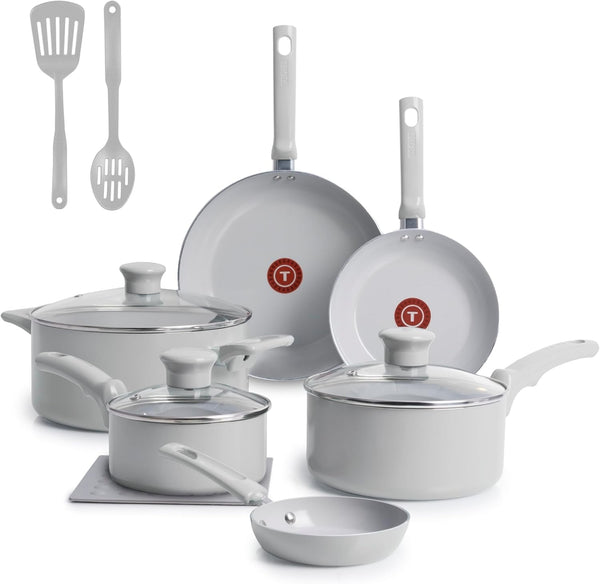 Refresh Ceramic Nonstick Pots and Pans Set, 12-Piece, Moon Grey | Recycled Aluminum Body, Thermo-Spot Heat Indicator, Oven Safe to 350°F, Glass Lids Included, All Cooktops except Induction1