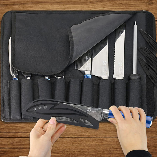 Chef Knife Sets with Roll Bag, 9 Pieces Professional Knife Set | High Carbon Stainless Steel Kitchen Chef Knife Set with Sharpener, Blue Resin Handle, Kitchen & Home Cooking, Dishwasher Safe2
