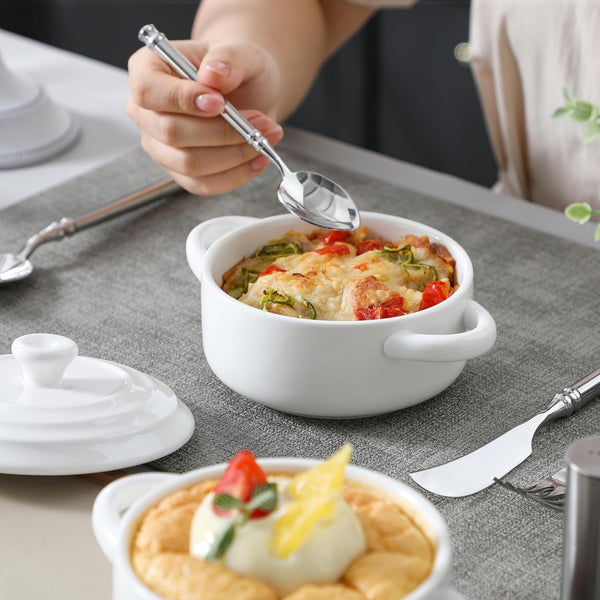 Mini Cocotte Set of 4, 14 OZ Ceramic Casserole Dishes with Lids | Single Serving Small Dutch Oven Set, Lasagna, Soufflé, French Onion Soup, Pudding, Oven, Dishwasher Safe with Handles, White7