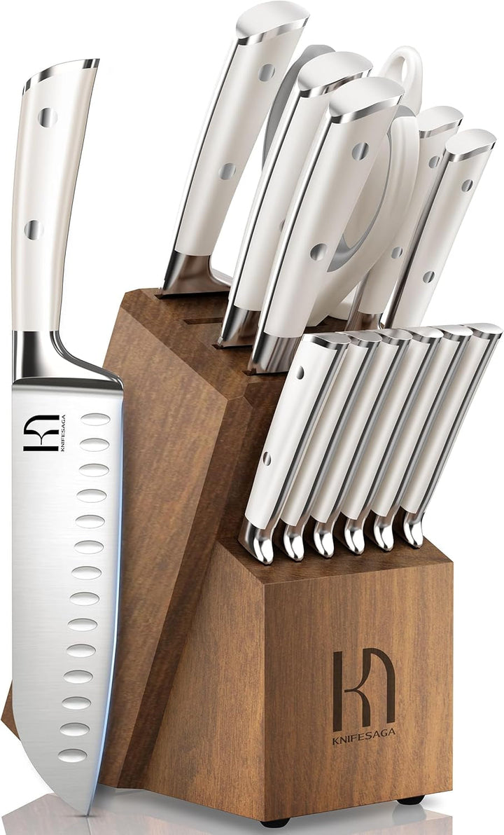 15 Pcs Japanese Knife Set with Sharpener, Premuim, Razor Sharp | Innovative Steel, High Carbon Stainless, Enduring Sharpness, Ergonomic Handle, Quality Acacia Wood Block, Full-Tang, Gift Box