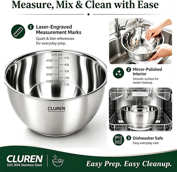 304 Stainless Steel Mixing Bowls Set, 3-Piece (1.5, 3 & 5 QT)6