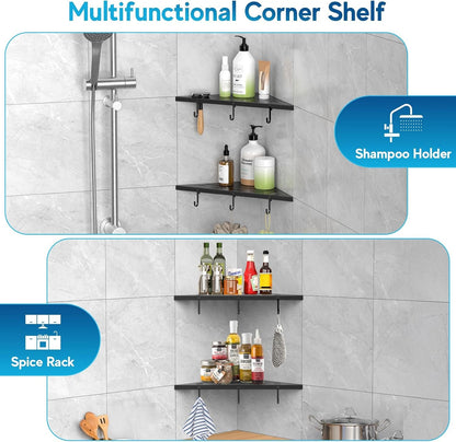 Corner Shower Shelves, 10" Matte Black 304 Stainless Steel Recessed Shelf for Bathroom，Grout in Shelf with Hooks for Tiled Wall 2 Pack (Black)3
