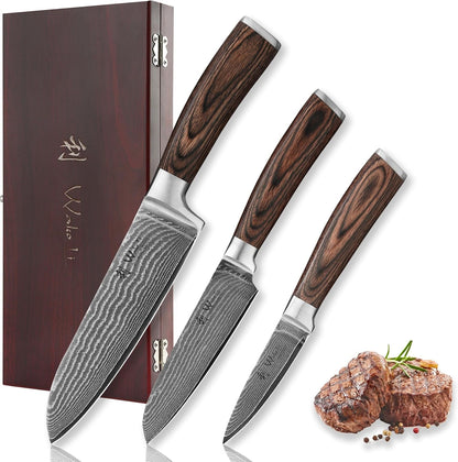 EDIB 3-Piece Damascus Kitchen Knife Set in Wooden Gift Box | VG10 Core, 67-Layer Genuine Damascus Steel, 60 ± 2 HRC, Santoku, Utility and Paring Knife, Pakkawood Handles1