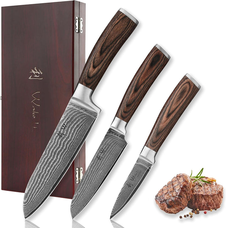 EDIB 3-Piece Damascus Kitchen Knife Set in Wooden Gift Box | VG10 Core, 67-Layer Genuine Damascus Steel, 60 ± 2 HRC, Santoku, Utility and Paring Knife, Pakkawood Handles