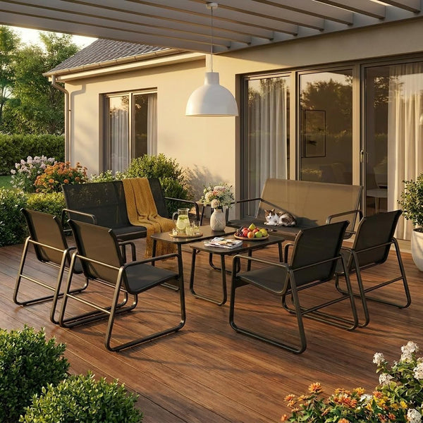 8 Pieces Outdoor Patio Furniture Set, 2 Bench Loveseat + 4 Single Armchairs + 2 Tempered Glass Coffee Tables, Metal Frame Patio Conversation Set for Backyard Poolside Porch, Black9