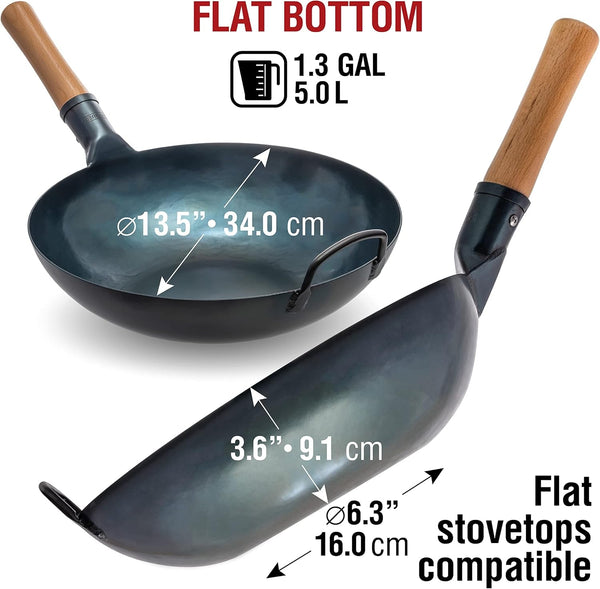 13.5” Blue Carbon Steel Wok Pan + 17’’ Spatula and Ladle + Premium Wok Cover 13.5 Inch Pan Lid2