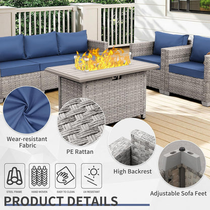 Patio Furniture Set 7 Piece Grey Wicker Outdoor Conversation Sets PE Rattan Sectional Sofa with Propane Fire Pit Table and Anti-Slip Navy Blue Cushion4