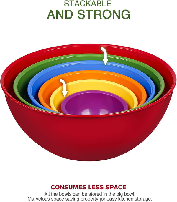 Plastic Mixing Bowls with Lids Set for Kitchen, 6 Set Nesting Bowls for Mixing, Baking, Prepping, Cooking and Serving Food, Mixing Bowls Dishwasher, Microwave Safe3