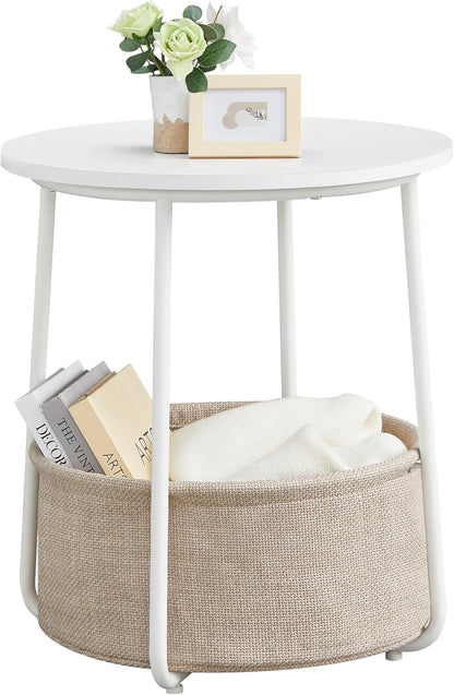 VASAGLE LILEA Collection - Small round Side End Table, Modern Nightstand with Fabric Basket, Matte White and Camel Brown ULET223W101