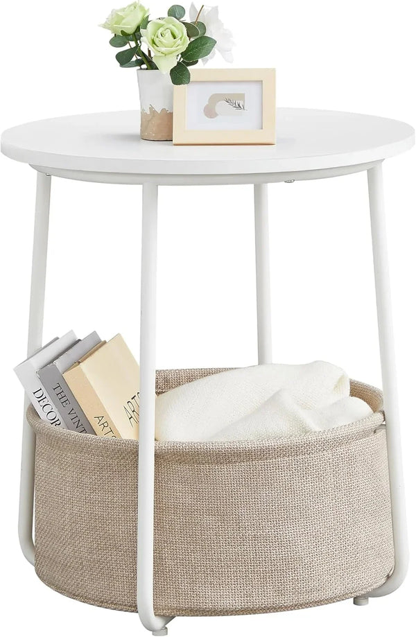 VASAGLE LILEA Collection - Small round Side End Table, Modern Nightstand with Fabric Basket, Matte White and Camel Brown ULET223W101