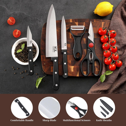 5 Pieces Kitchen Knife Set, Knife Set without Block with Sheathes, Stainless Steel Sharp Blade and Comfortable Handle, Chef Knife Set with Kitchen Scissors and Peeler for Cooking3