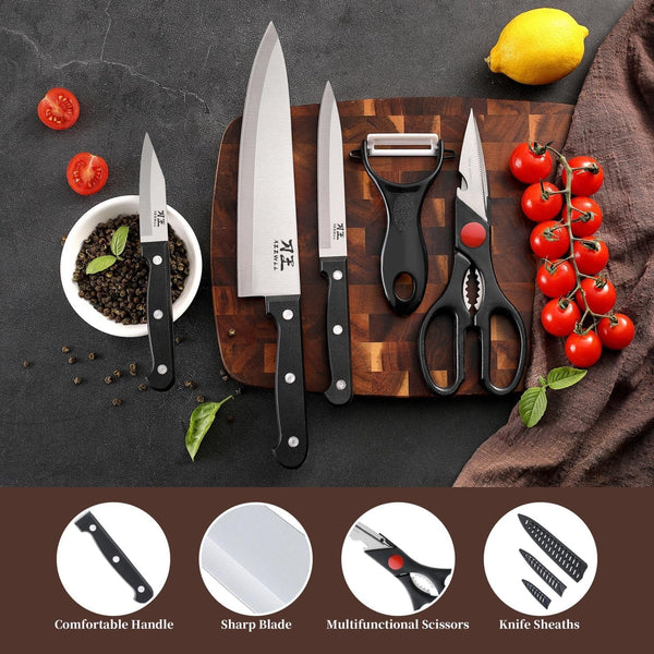 5 Pieces Kitchen Knife Set, Knife Set without Block with Sheathes, Stainless Steel Sharp Blade and Comfortable Handle, Chef Knife Set with Kitchen Scissors and Peeler for Cooking3