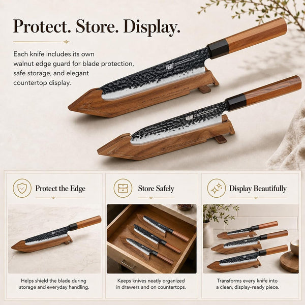 Kitchen Knife Set with Individual Wooden Blocks, 4 Japanese Knives with Walnut Edge Guards, High Carbon Steel Blades, for Meat, Fruits, Vegetables, Dynasty Series7